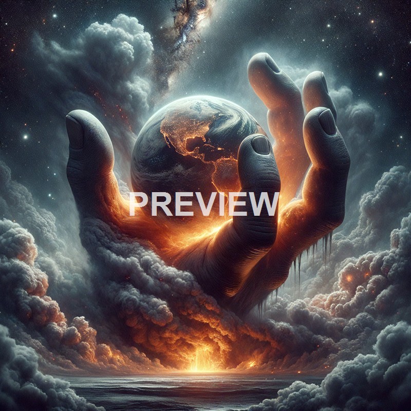 A giant hand emerging from clouds in space, holding the Earth with a fiery glow at its base, amidst stars and cosmic clouds.